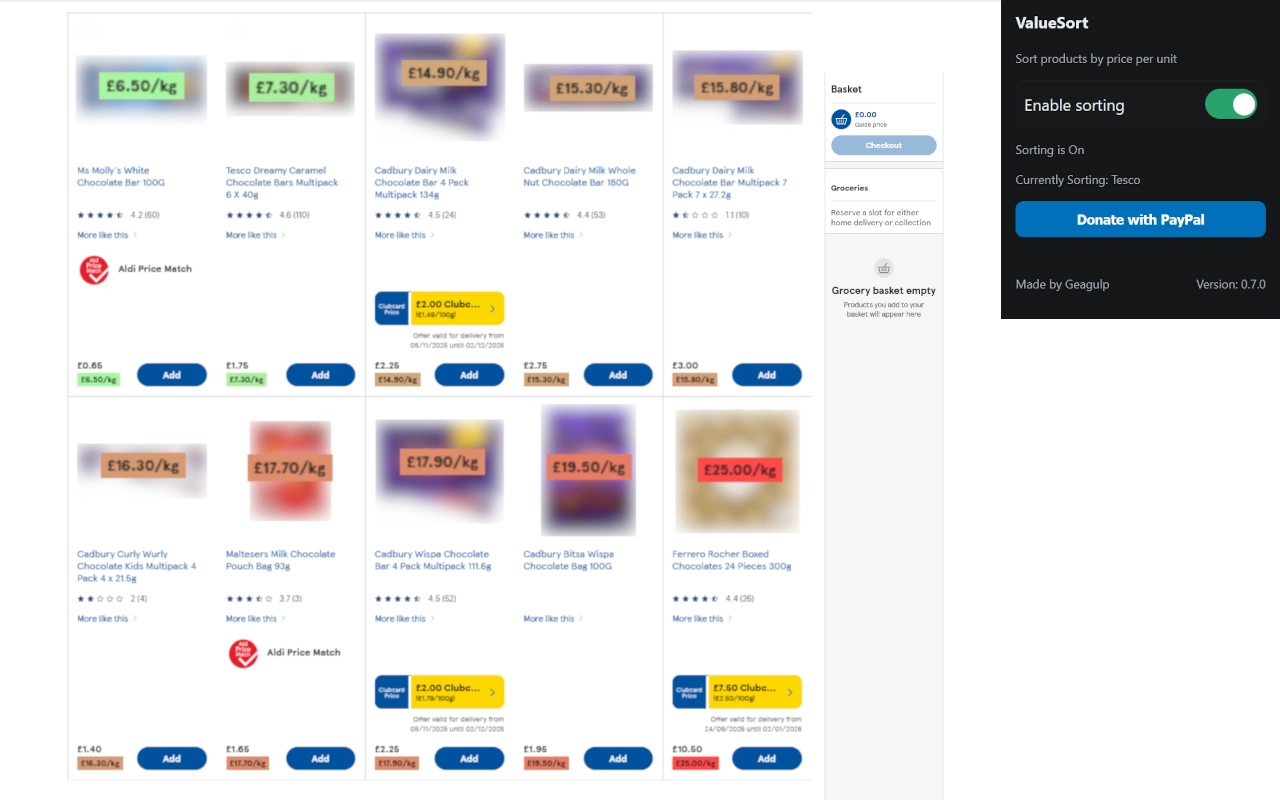 Sorted Tesco product list by price per unit using ValueSort